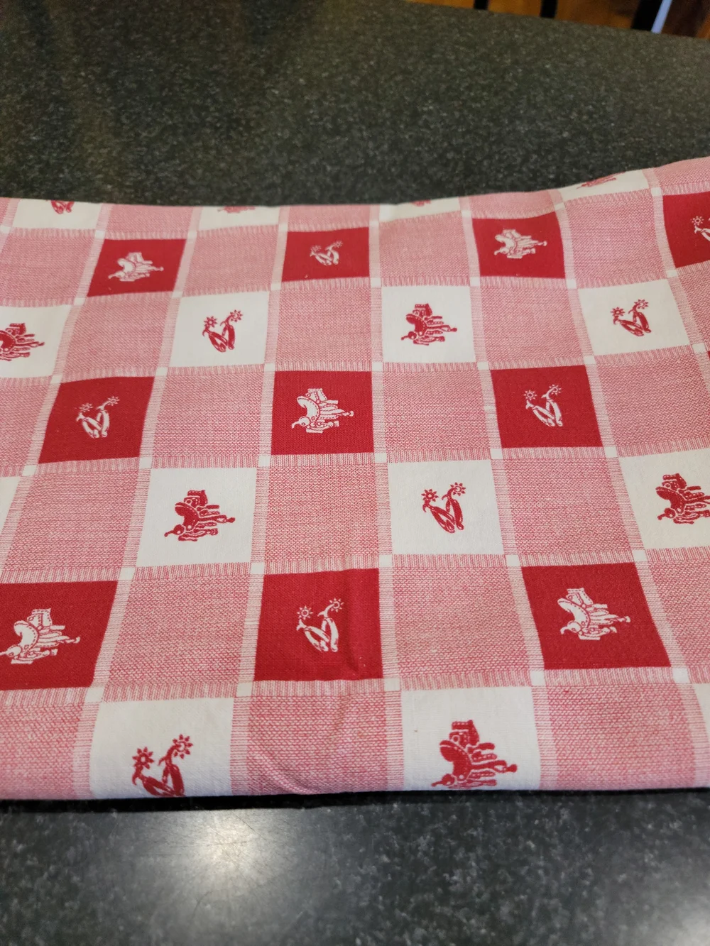 Vintage red and white checkered tablecloth small western-style horse saddle